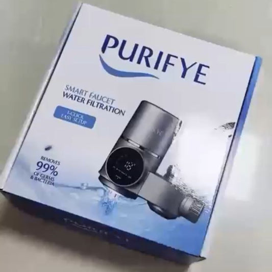 Box of Purifye smart faucet water filtration system on a light background